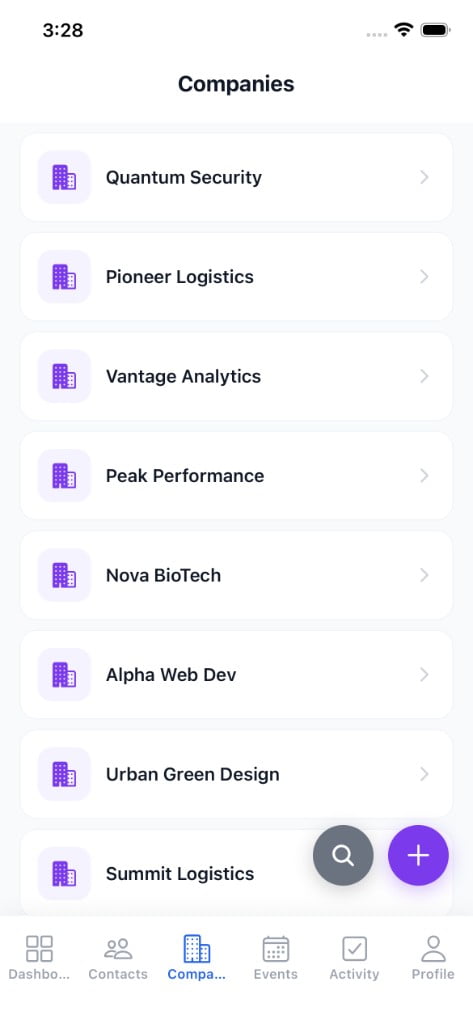 Companies list on mobile