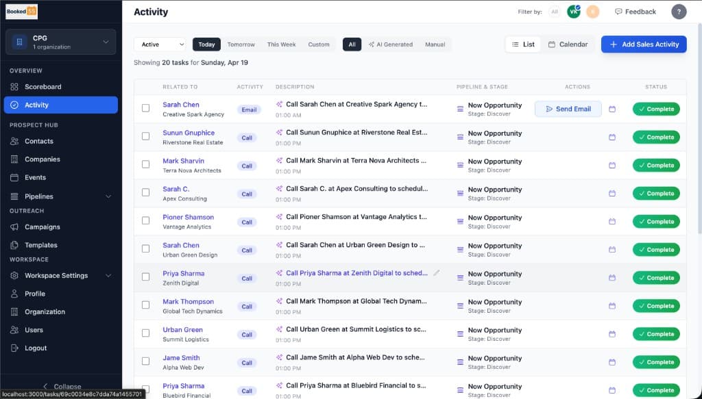 Activity page showing a list of calls and emails with pipeline stages and completion status