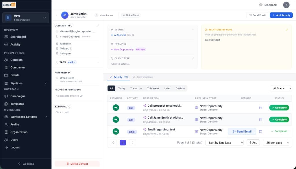 Contact detail page showing activity history, pipeline stage, events, and relationship goal