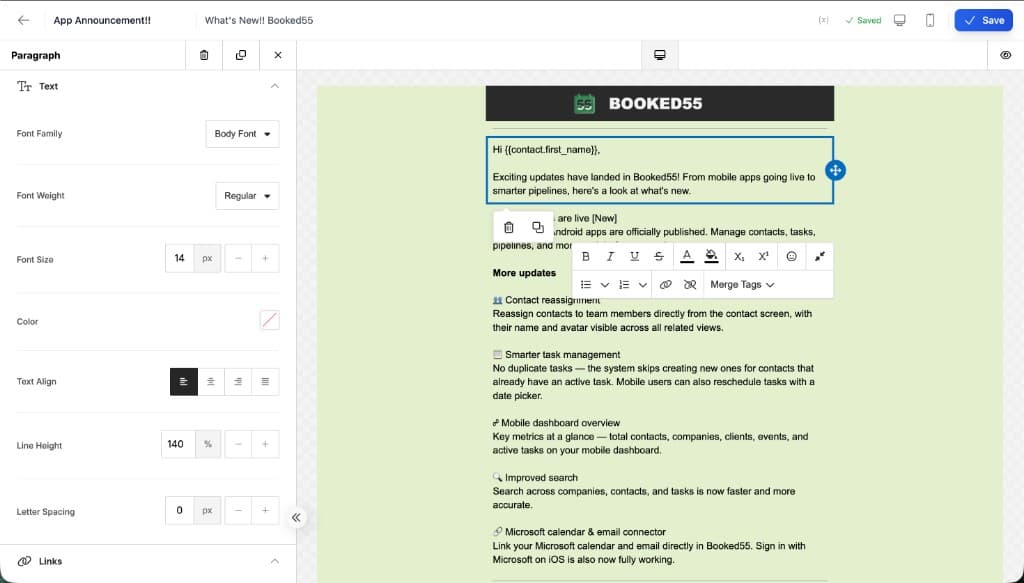 Visual email builder with drag-and-drop content blocks and live preview