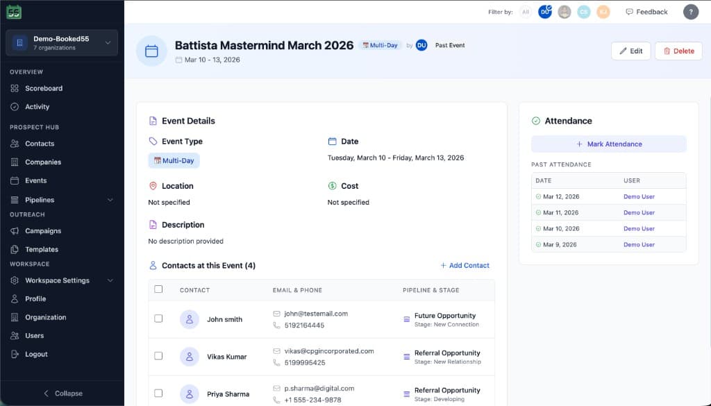 Event detail page with attendance records and contacts table