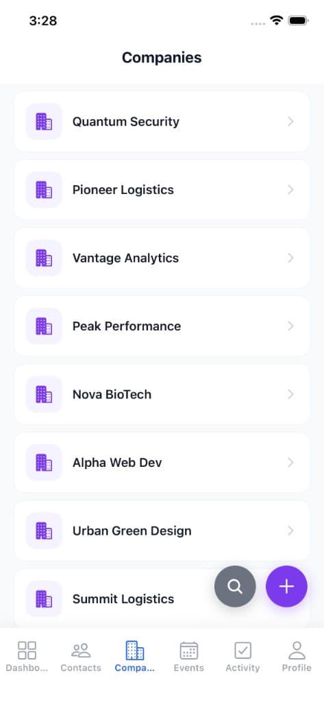 Companies list on mobile