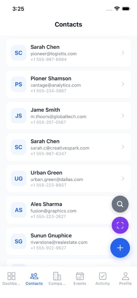 Contacts list on mobile