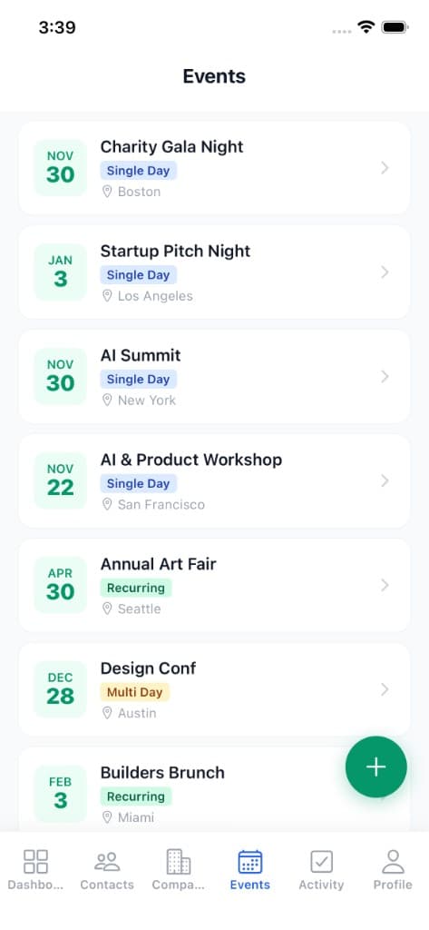 Events list on mobile